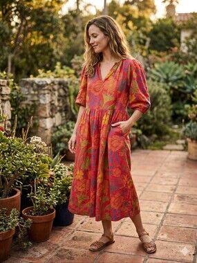 Velvet by Graham & Spencer Red Botanical Puff-Sleeve Midi Dress